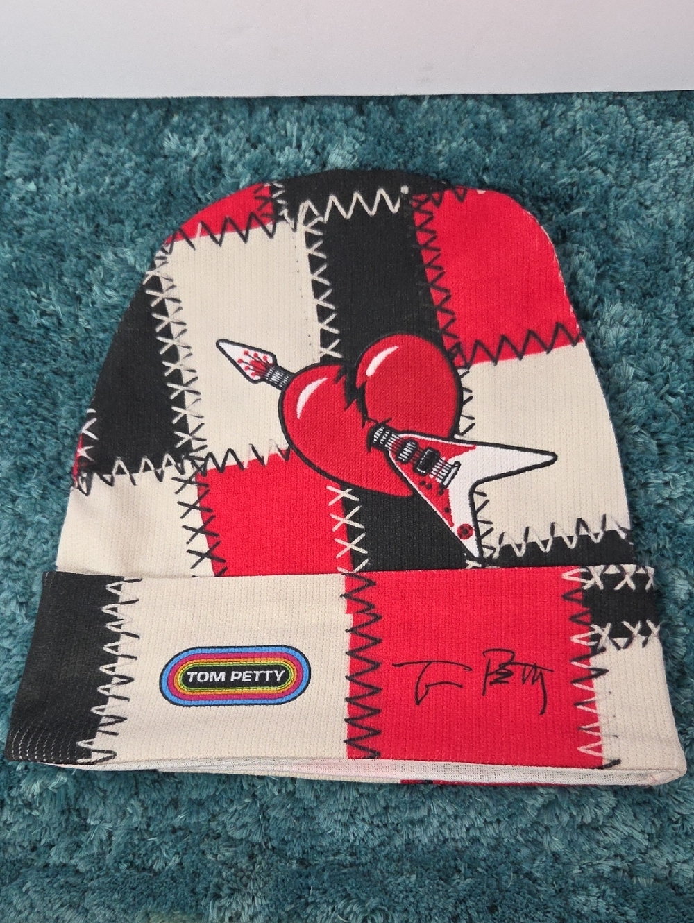 Tom Petty Beanie Hat in Red, Black & Cream Size S